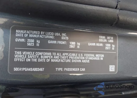 2025 Lucid Motors Air Pure z USA, uszkodzony, nr VIN 50EA1PGA4SA003467